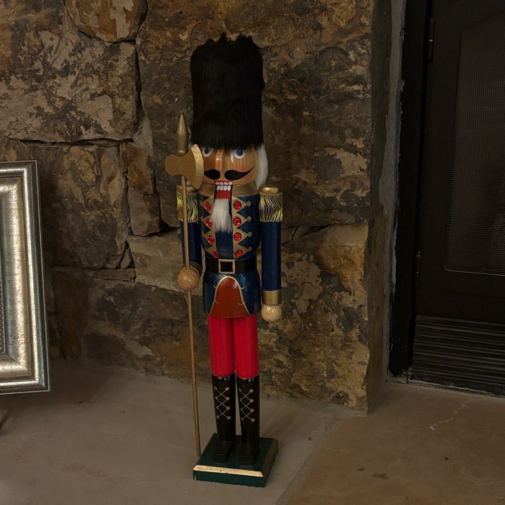 Festive large Nutcracker Soldier with Red and Blue Uniform. New.